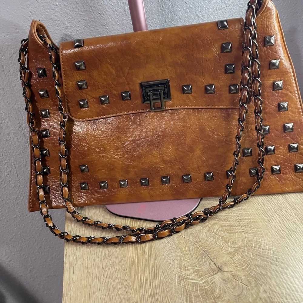 Studded Tan Leather Shoulder Bag - Picture 8 of 12